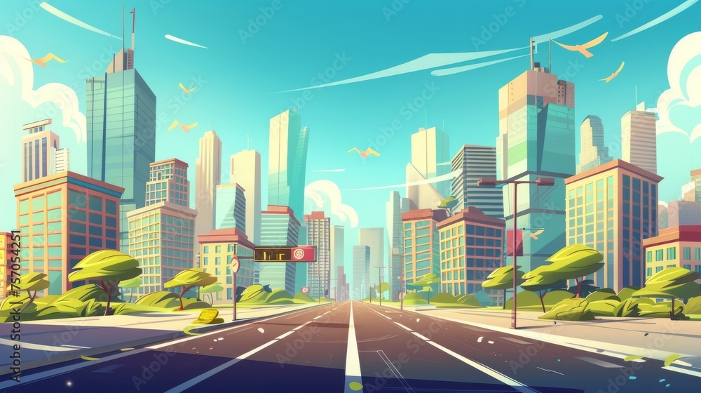 A modern city highway perspective. Modern illustration of a high-rise building with skyscrapers and birds flying around it in a blue sky with clouds.