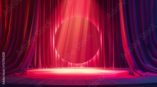 A red curtain and round spotlight on a theater stage. A realistic modern illustration of a dark curtain on a scene with a round spotlight. A cinematic or announcement concept with waved fabrics.