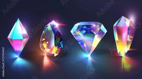 Realistic modern illustration set of gems or glass reflecting the sun's rays with holographic rainbow flare. Iridescent optical impact on passing beams.