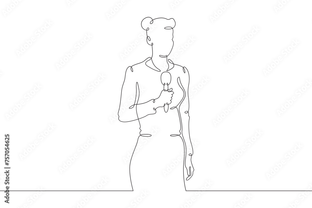Portrait of a beautiful woman TV presenter. Journalist with a microphone in her hands. Reporter reporting.One continuous line .Line art.Minimal single line.White background.One line drawing.