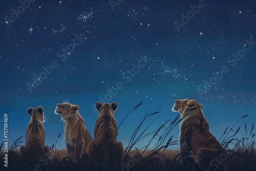 ライオンの家族がサバンナで星空を眺めているイラスト