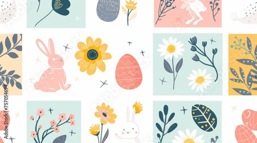 Spring season repeated in fabric pattern for prints, wallpaper, covers, packaging, kids, ads. Happy Easter seamless pattern modern. Set of square cover design with easter egg, flower, rabbit,