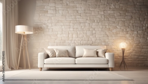  A modern living room in a Mediterranean-style home features a white sofa adorned with beige pillows, positioned near a window with a view, against a backdrop of a stone-clad wall.