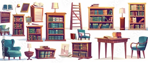 Set of cartoon illustration set showing public library books, furniture, and equipment. Literature on shelves in bookcase, stacked and open, wooden table and chair, lamp and wooden chair for study or © Mark