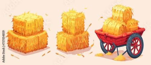 An agricultural hay stack bundle in a cube block, a roll, and a red wheelbarrow. Cartoon modern illustration of yellow bales of dry straw for farm animals. Ranch harvest of thatch pile.