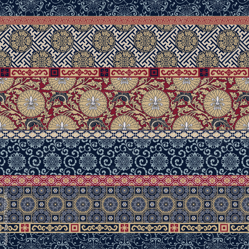 Traditional Chinese brocade silk fabric patchwork wallpaper vintage vector seamless pattern for wear kerchief shirt fabric tablecloth wrapping pillow