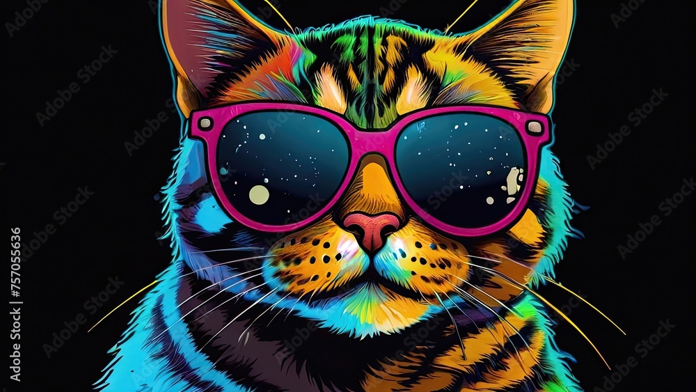 Cat in sunglasses on black background in graffiti style. Generated AI.