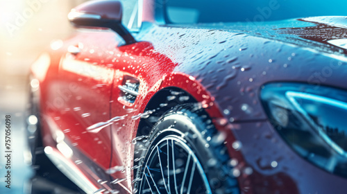Close up view of luxury sports car wash with fresh water