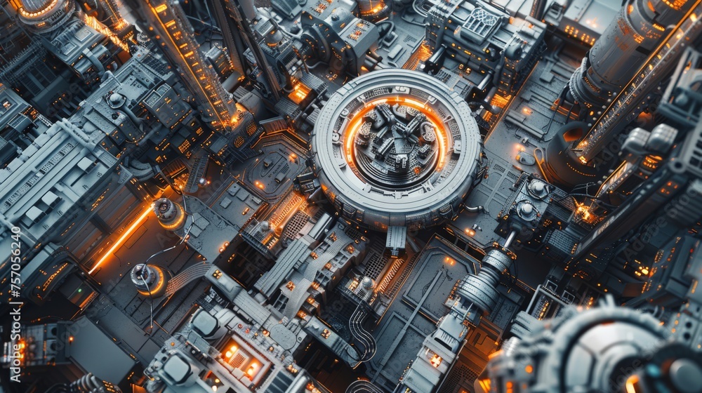 A bird-eye view of a large industrial robotics facility, a hub of innovation and futuristic manufacturing A bird-eye view of a large industrial robotics facility, a hub of innovation and futuristic manufacturing