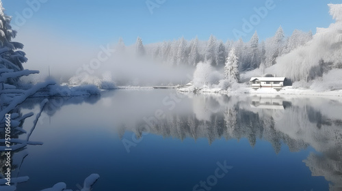 Bright morning after fresh snow over frozen lake  © Oleksandr