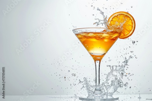 Dynamic splash in sidecar cocktail with orange garnish against white background