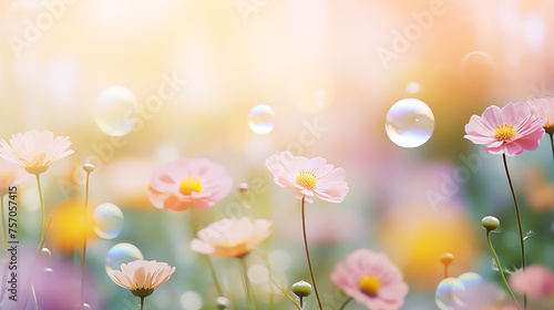 summer flowers on Blurred background with soft pastel colors, bokeh effect, bubbles and sparkles, pink green yellow white © sirisak