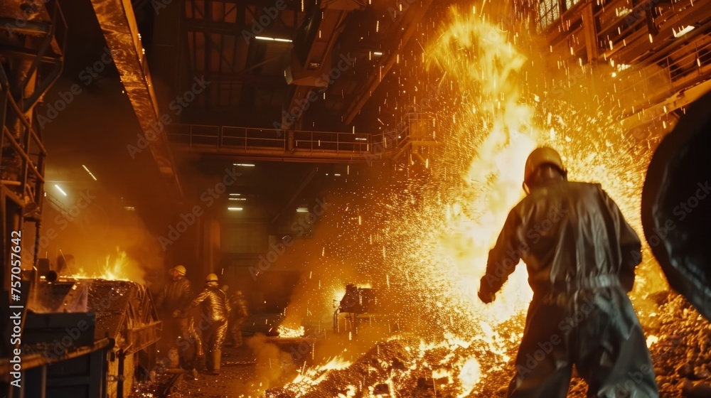 Inside a foundry: the raw power and intensity of smelting, with workers in protective gear managing molten metal, Inside a foundry: the raw power and intensity of smelting, with workers in protective gear managing molten metal,