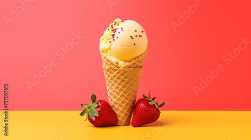 Strawberry ice cream with juicy strawberries, spreading waves and splashes of drops. A delicious refreshing summer dessert.