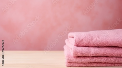 Pink cotton towels on a pink background. Bathroom decor and accessories.