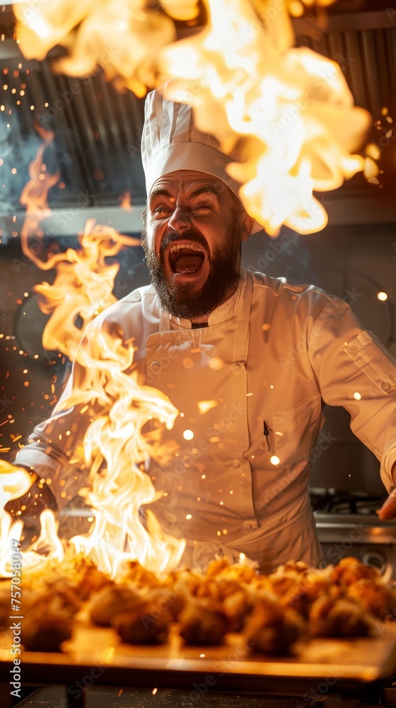 Excited baker surrounded by flames in the kitchen. Excited baker surrounded by flames in the kitchen.