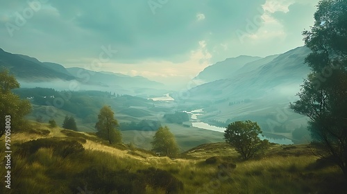 Celebrate the timeless beauty of Scottish pastoral scenes with a documentary-style image, showcasing the symbiotic relationship between mountains and the surrounding countryside