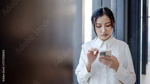 Cuadro en lienzo Upset stressed asian woman holding cellphone disgusted with message she received