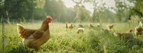 Free-range chicken on an organic farm freely grazing photo