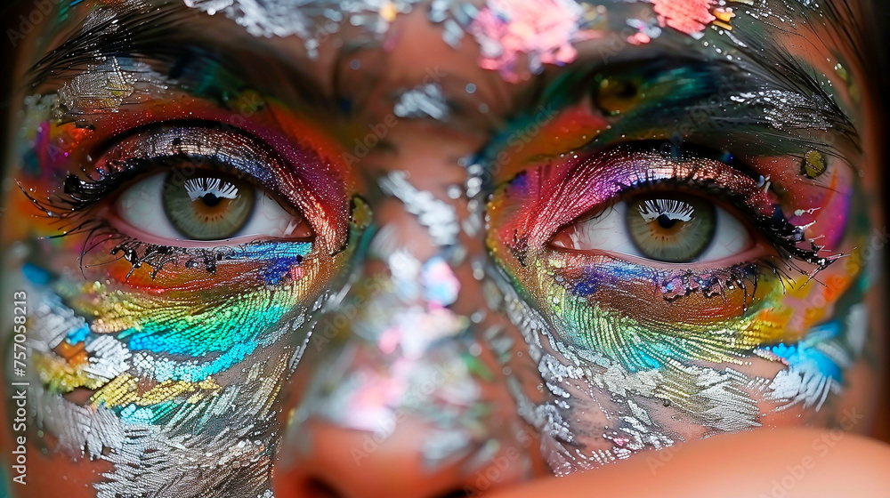 close up macro shot of woman eyes with shimmering glitter make up, eyes glitter glow