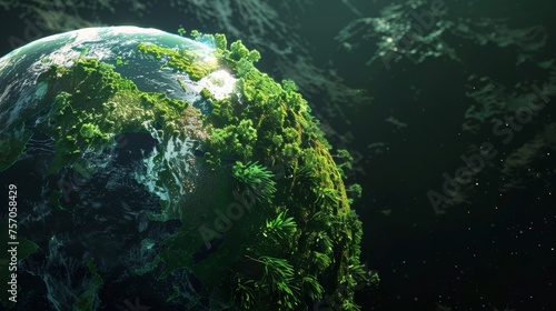 Globe, ecosystem, green planet, bright, hyper realistic, dark background.