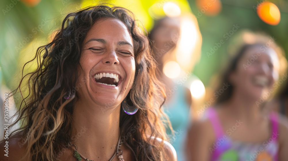 A woman with long hair is smiling and laughing A woman with long hair is smiling and laughing