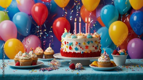 A colorful carnival or party frame of balloons  streamers  and confetti on rustic wood planks with copy space  surrounding a cheerful happy birthday cake.