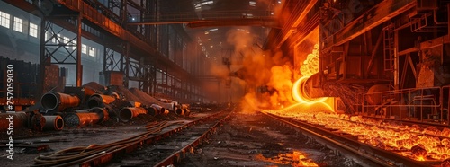 The heart of steel production: an intense interior view of a melting furnace in action, melting metal in a high-temperature factory © arhendrix