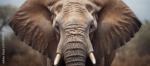 A detailed closeup shot of an elephants face, with its wrinkled trunk or snout and large jaw in focus, as it gazes directly at the camera