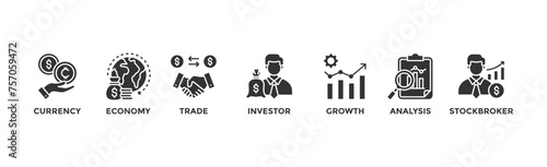 Forex banner web icon vector illustration concept with icon of currency, economy, trade, investor, growth, analysis and stockbroker	