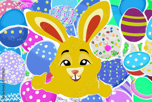 Traditional Easter bunny and Easter eggs, painted in different colors and various designs.