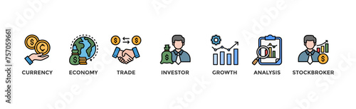 Forex banner web icon vector illustration concept with icon of currency, economy, trade, investor, growth, analysis and stockbroker	