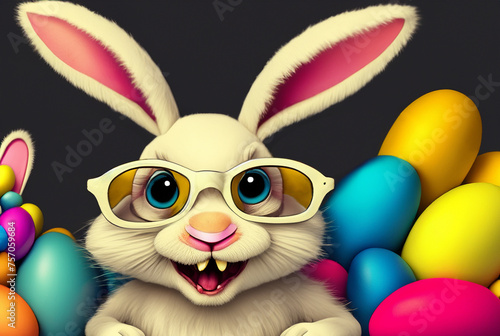 Traditional Easter bunny and Easter eggs, painted in different colors and various designs.