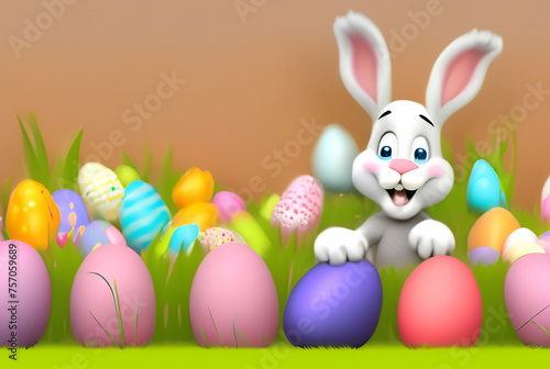 Traditional Easter bunny and Easter eggs, painted in different colors and various designs.