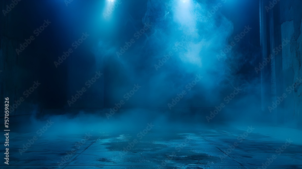 Dark Blue Foggy Room with Cinematic Spotlighting - Dramatic Backdrop for Advertising - obrazy, fototapety, plakaty 
