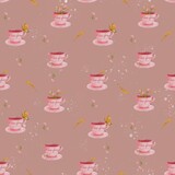 Seamless watercolor pattern . Cups with flowers and butterflies on a pink background