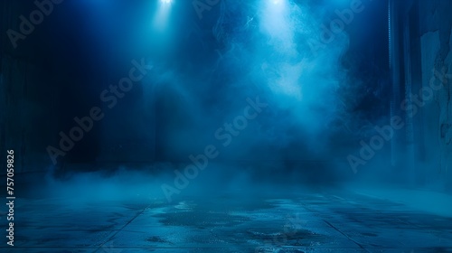 Dark Blue Foggy Room with Cinematic Spotlighting - Dramatic Backdrop for Advertising