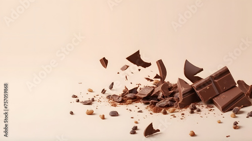 Broken chocolate bar pieces falling on white beige background. Banner design with space for text