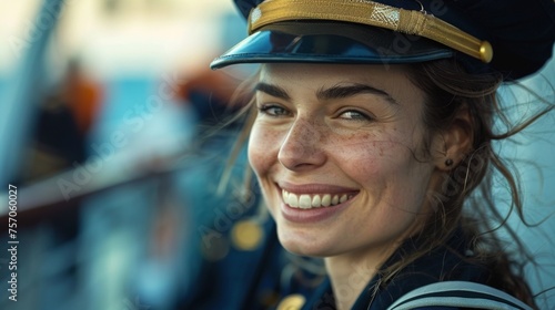 Joyful female naval officer in uniform smiling on ship deck