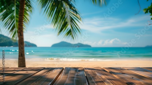 Tropical Beach Bliss Wooden Table Top for Product Display in a Sunny Resort Setting © yelosole