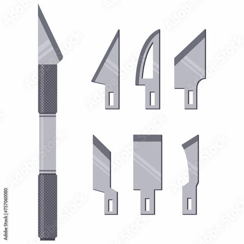 Scalpel knife and blades for cutter crafts vector cartoon set isolated on a white background.