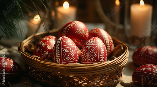Photo of Greek Orthodox Easter celebration, traditional red eggs decorated with white patterns.
