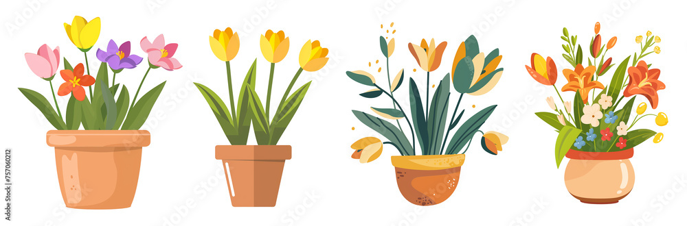 Set of spring season flowers plant in a pot illustration, isolated on transparent background