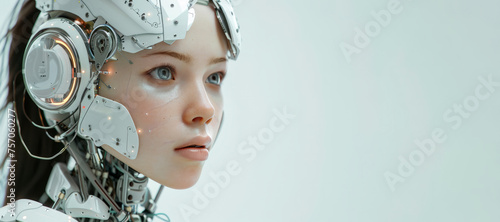 A woman in a robot suit with a blue face. The robot suit is white and has a silver color. Beautiful female robot with artificial intelligence photo