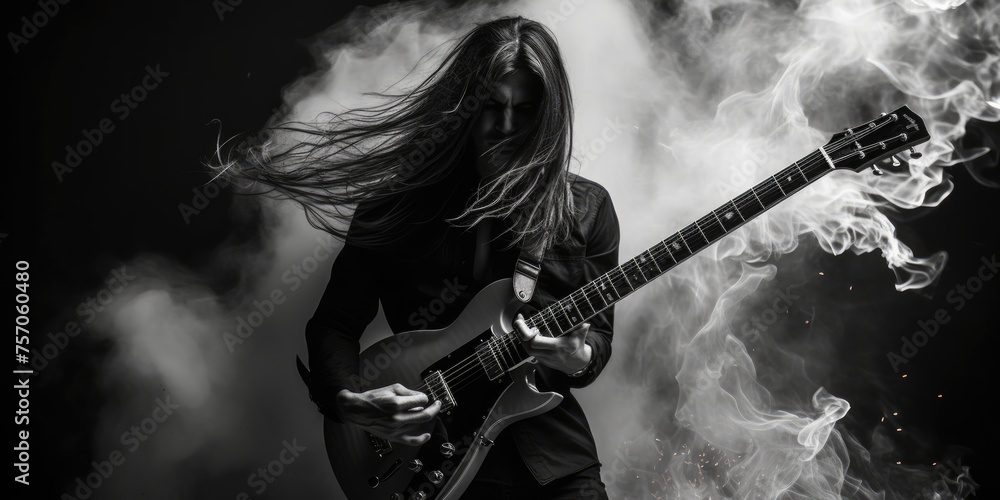 A heavy metal guitarist unleashes electrifying riffs, commanding the