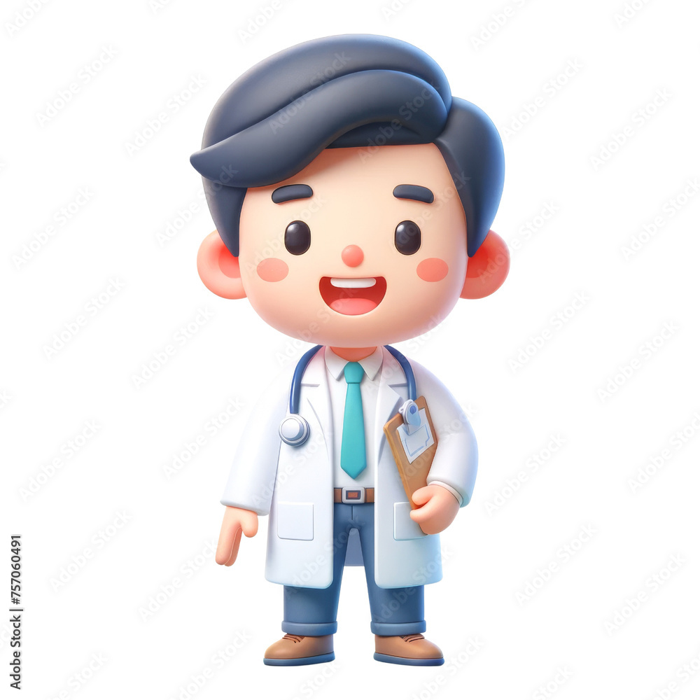 3d illustration of a cute, stylized doctor character in a lab coat with a stethoscope. 3d illustration of a cute, stylized doctor character in a lab coat with a stethoscope.