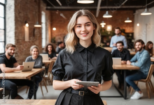 A smiling woman in a black shirt stands in a team meeting environment. She's holding a digital tablet.