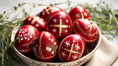 Photo of Greek Orthodox Easter celebration, traditional red eggs decorated with white patterns.