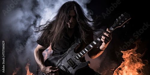 Amidst a storm of distortion, a heavy metal musician shreds on the guitar, captivating the audience with blistering solos photo