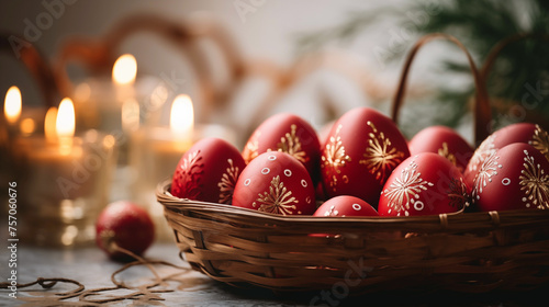 Photo of Greek Orthodox Easter celebration, traditional red eggs decorated with white patterns.